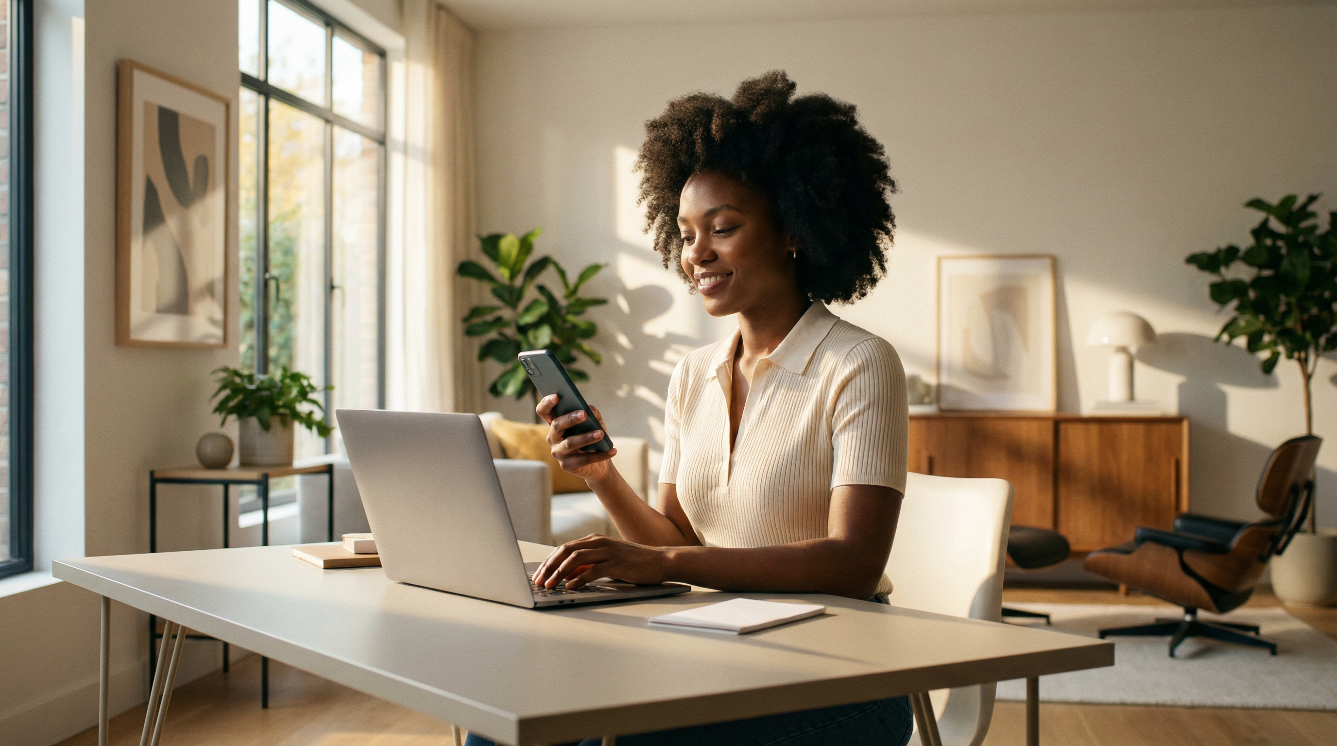 Professional using laptop while checking smartphone