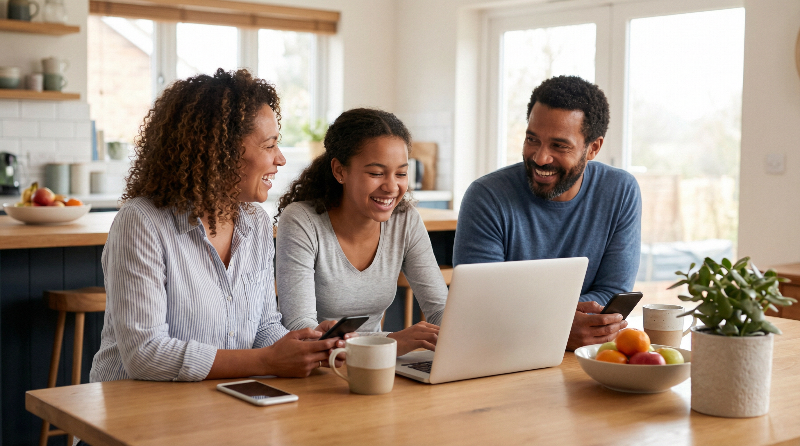 Family using laptop and smartphones at home